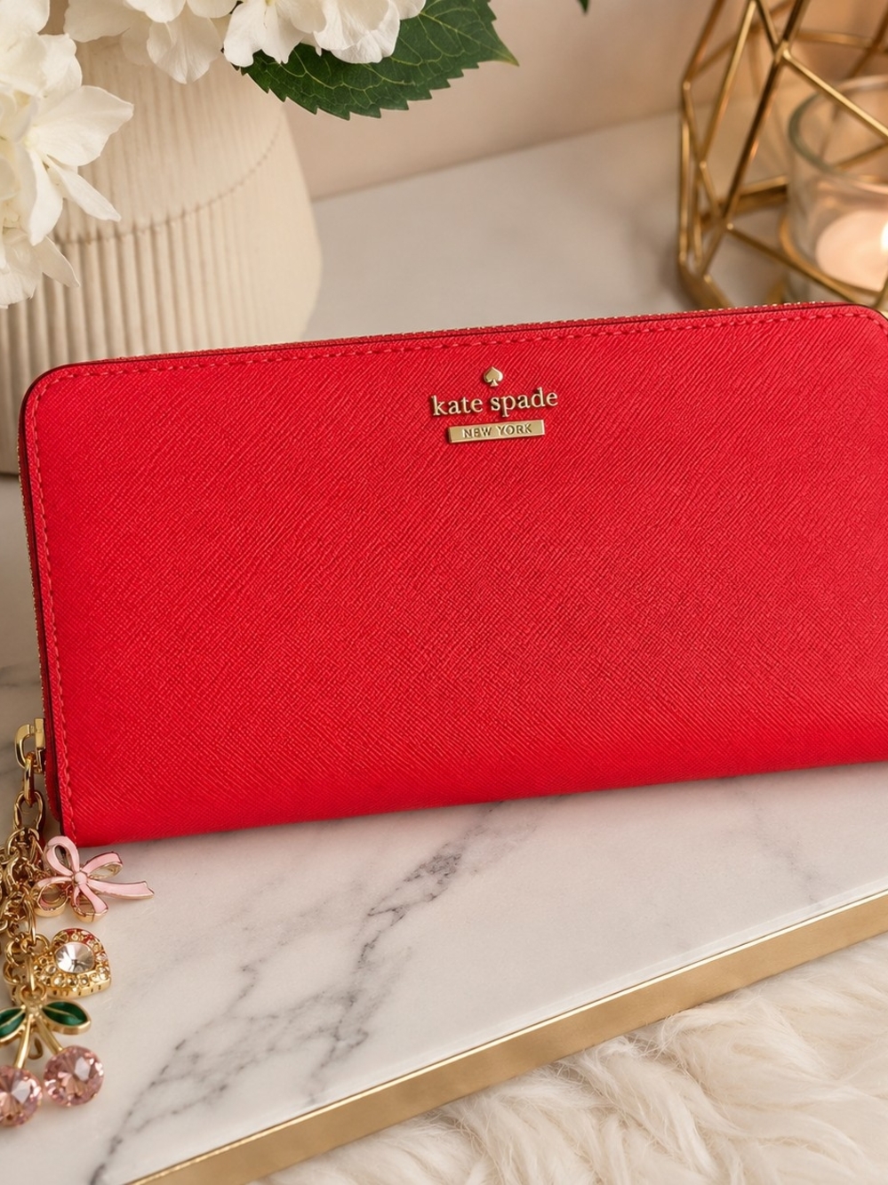 kate spade New York Red Saffiano Zip Wallet